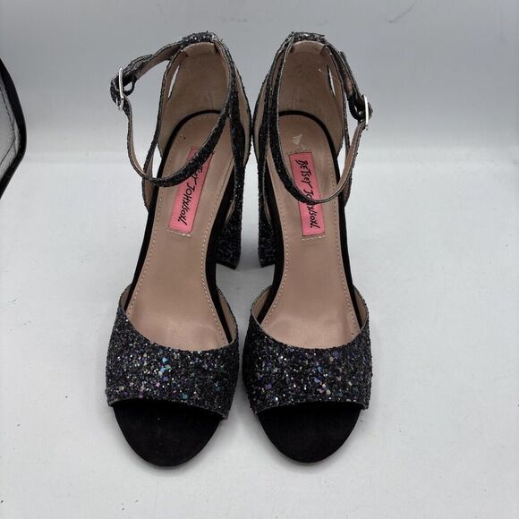 Betsey Johnson Glissten Heels 6 Glitter Rainbow Black Platform Block Party Shoe - Picture 5 of 13